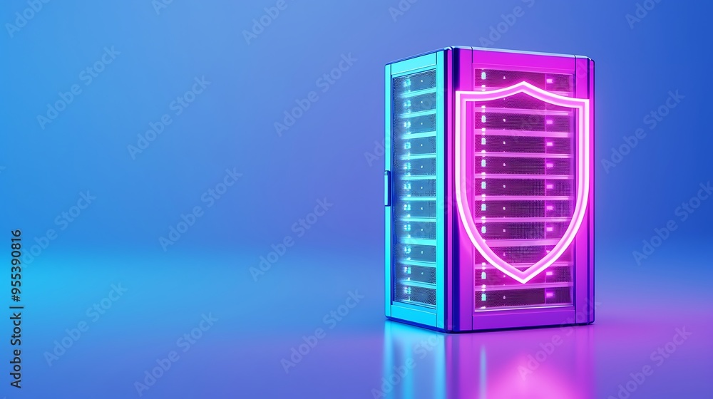 Poster data server with a glowing shield icon representing cyber security and data protection in a futurist