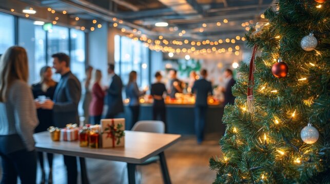 Festively Decorated Office Space with Employees Mingling at Corporate Holiday Party