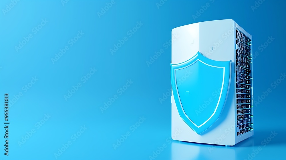 Aufkleber data server with a shield icon symbolizing cybersecurity and data protection on a blue background.