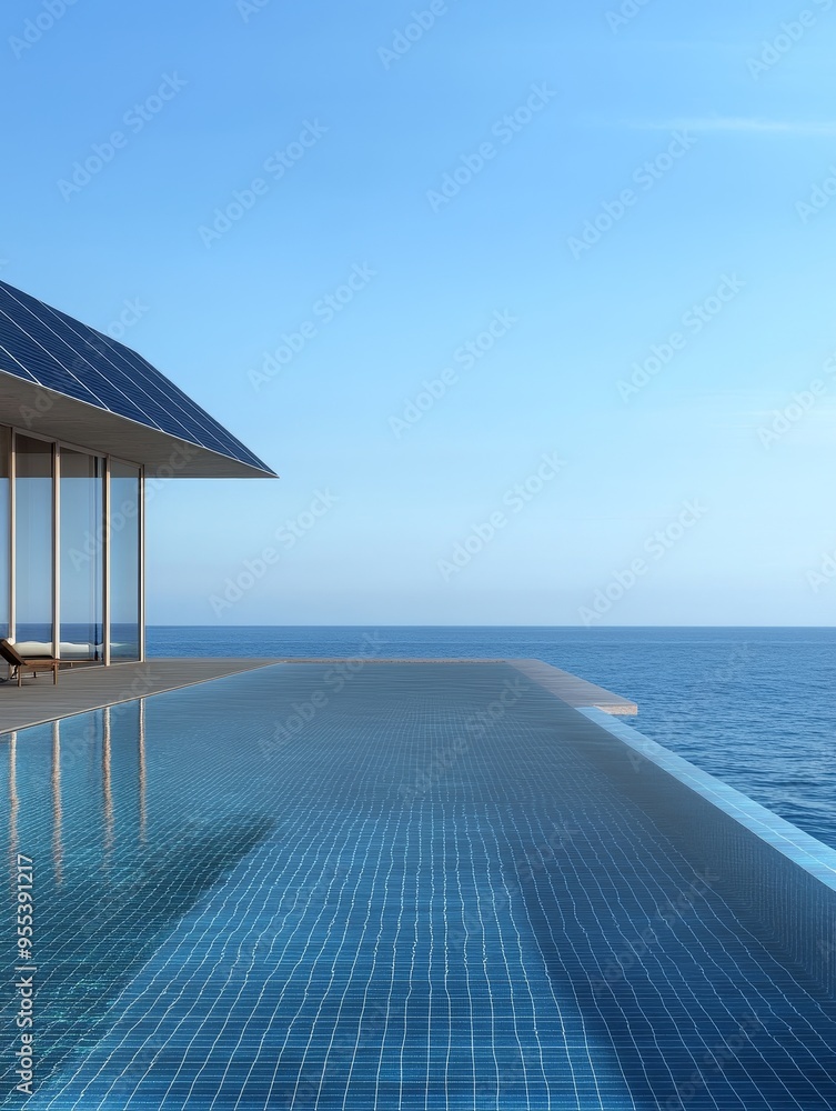 Wall mural A modern home with an infinity pool overlooking a vast blue ocean. The home is equipped with solar panels, showcasing sustainable living and a luxurious lifestyle. The image evokes a sense of tranquil