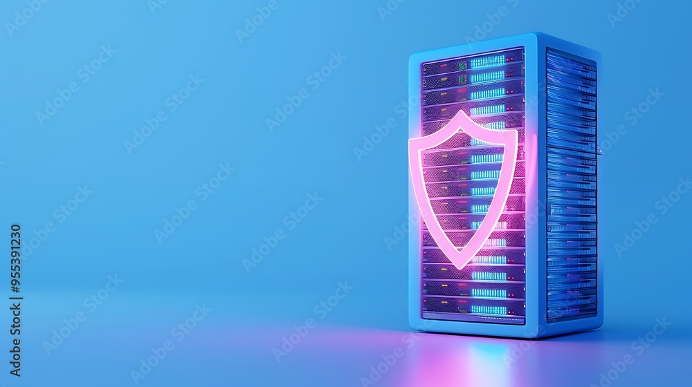 Aufkleber data server with glowing shield icon symbolizing security protection in a blue digital technology co