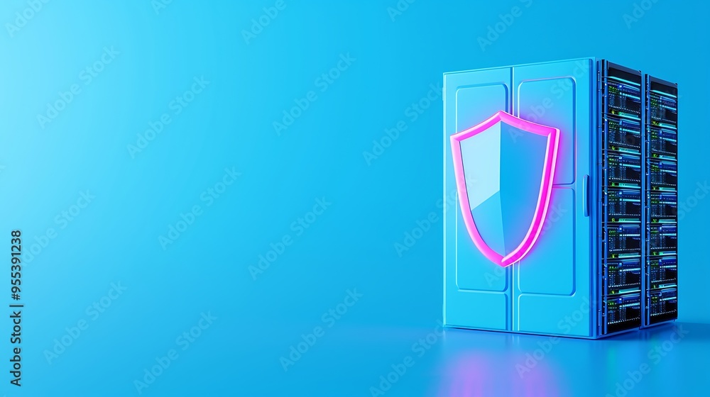 Poster data server with illuminated shield symbol on blue background. concept of cybersecurity, data protec