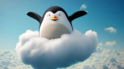 Joyful Penguin Floats Happily on a Fluffy Cloud in a Bright Sky Generative AI