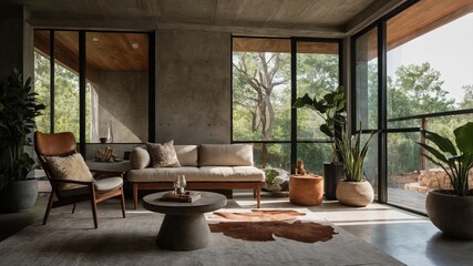 A living room with a tan couch and a brown coffee table. Interior Design, Luxury Decor