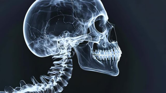 X-ray image of human skull and spine, medical diagnostic concept