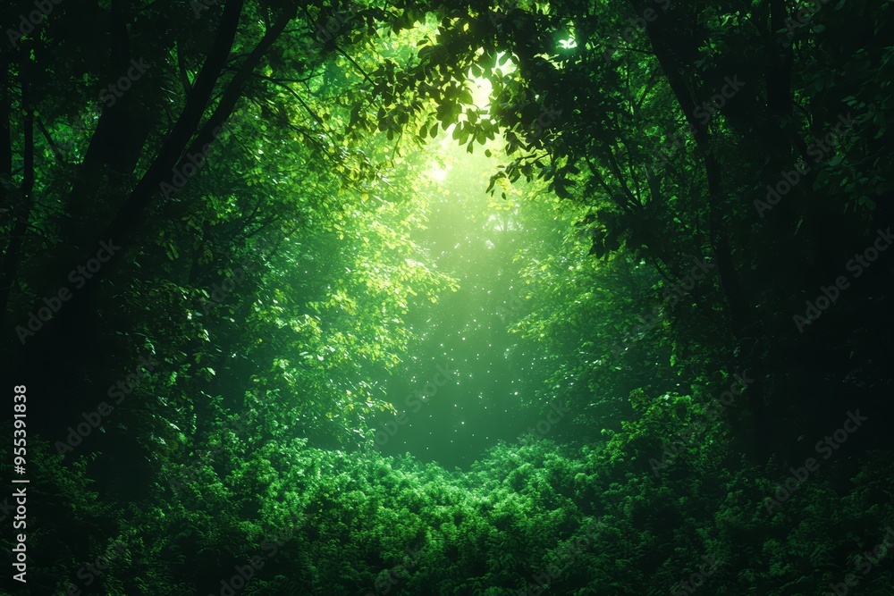 Poster a mystical forest scene with dense foliage creating a shadowy path leading towards a sunlit clearing