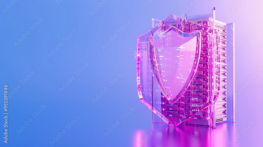 Poster digital concept image of cybersecurity with a glowing protective shield and server in neon colors, r