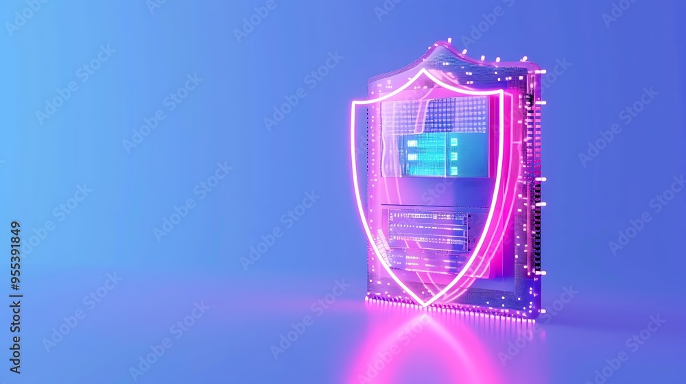 Aufkleber digital cyber security concept with a neon pink shield and server on a blue gradient background, sym