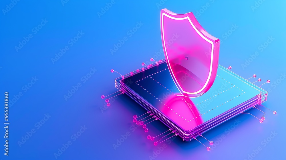 Poster digital concept of cybersecurity with a shield hologram protecting a smart device on a blue backgrou