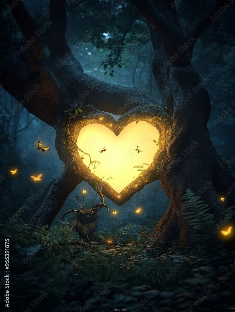 Poster a mystical forest clearing with a heart-shaped opening in a large tree, glowing with an ethereal lig