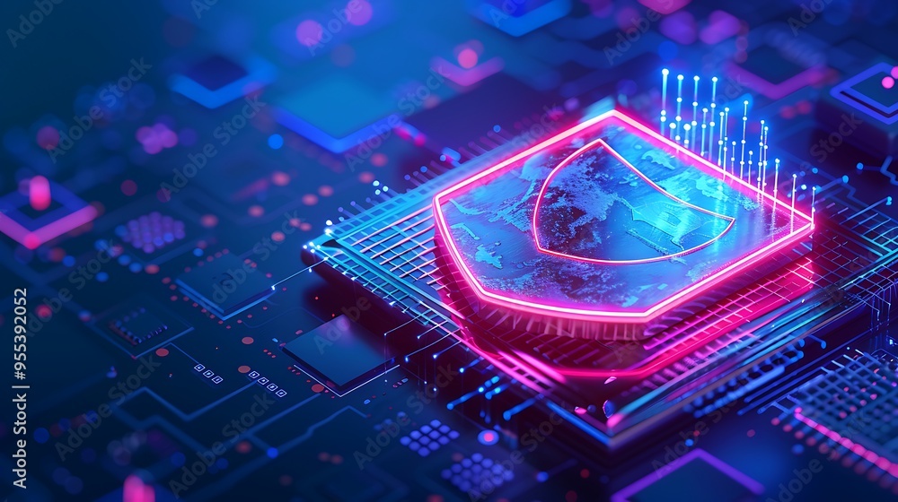 Poster digital cyber security technology concept with a neon shield icon on microchip, representing data pr