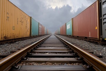Fototapeta premium A perspective shot of railway tracks leading to a row of cargo containers. The tracks converge in the distance, creating a sense of perspective and conveying the vastness of global trade. The containe