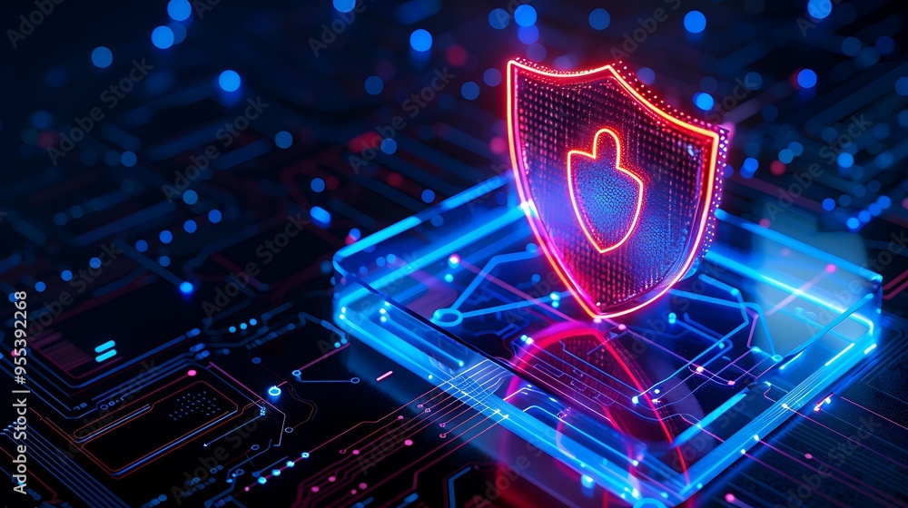 Poster digital cybersecurity concept with a glowing shield icon on a circuit board, symbolizing protection 