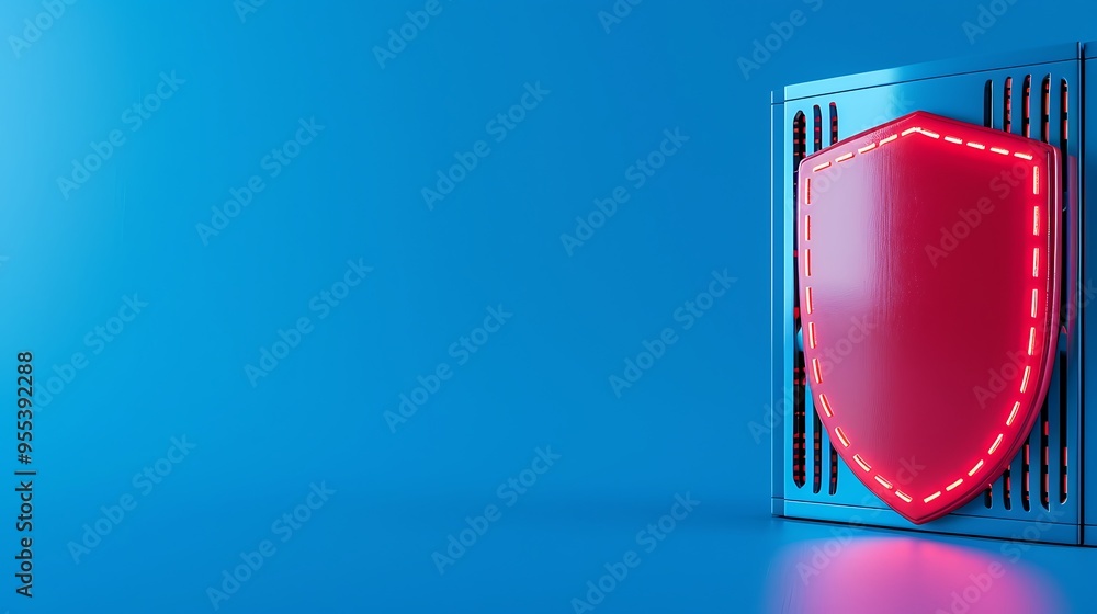 Poster digital cybersecurity concept with a red shield icon protecting a server on a blue background, symbo