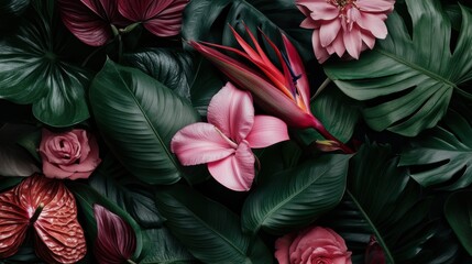 A depiction of lush tropical foliage hosting an array of exotic flowers, including pink lilies and red heliconias, showcasing the vibrant and diverse beauty of tropical flora.