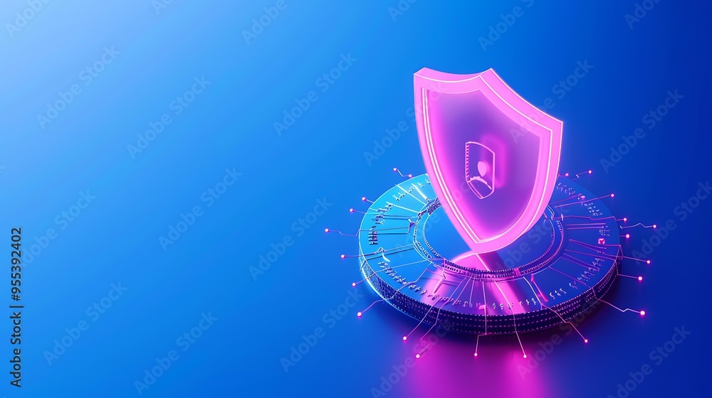 Poster digital cybersecurity concept with shield icon, reflecting modern data protection technology on blue