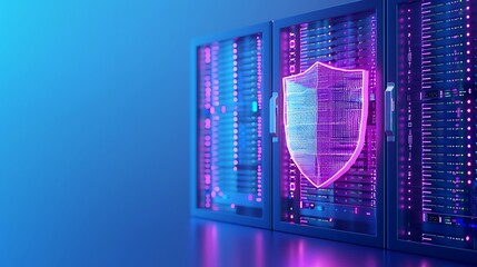 Digital cybersecurity concept with server racks and a glowing shield icon representing data protection and network security.