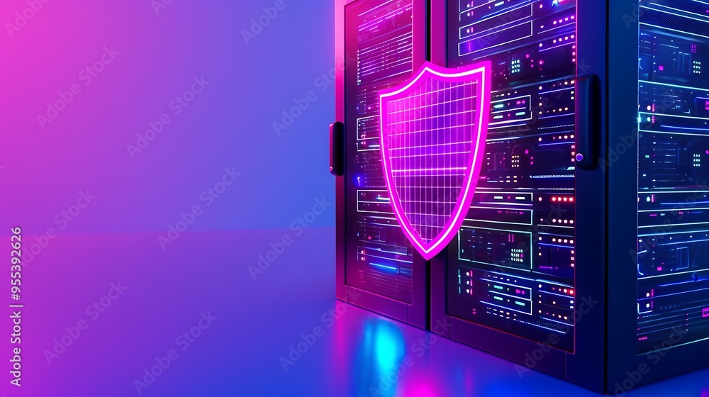 Poster digital cybersecurity concept with shield symbol on server room background, representing data protec