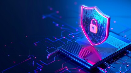 Digital cybersecurity shield with a lock icon, representing data protection and technology safety in a connected world.