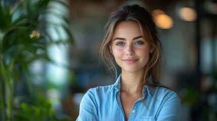 Fototapeta premium A woman with blue shirt and brown hair is smiling