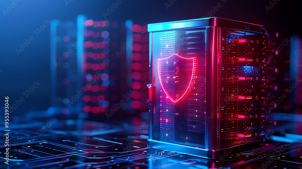 Poster digital data center with security shield icon, representing cybersecurity and data protection in a t