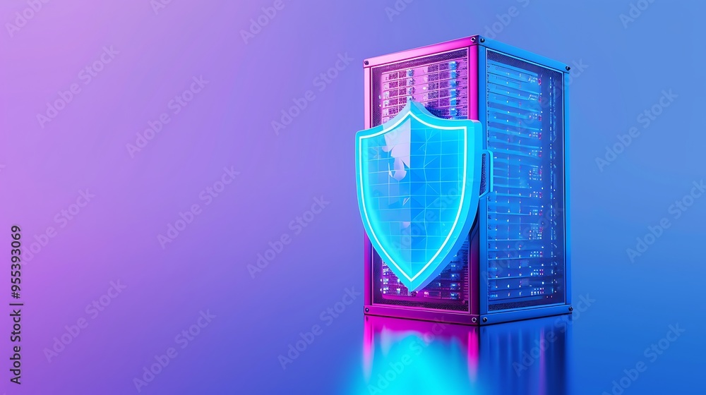 Poster digital data protection concept with a glowing shield and server, highlighting cybersecurity and onl