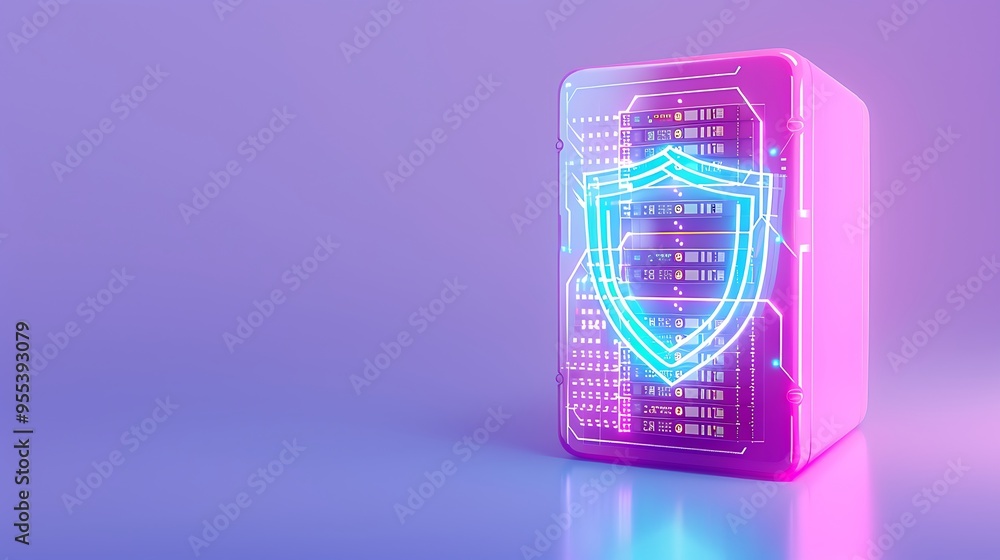 Poster digital data protection concept with a glowing shield icon on a server against a purple background. 
