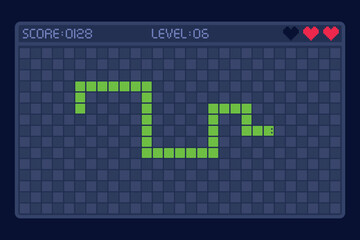 Snake game. Digital snakes mobile app pixel gaming retro phone, cellphone display fun play screen geometric shape minimal puzzle old telephone 2d ui, ingenious vector illustration © ssstocker