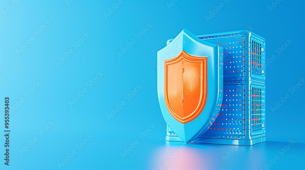 Poster digital data security concept with a server protected by a shield. illustration of cybersecurity and