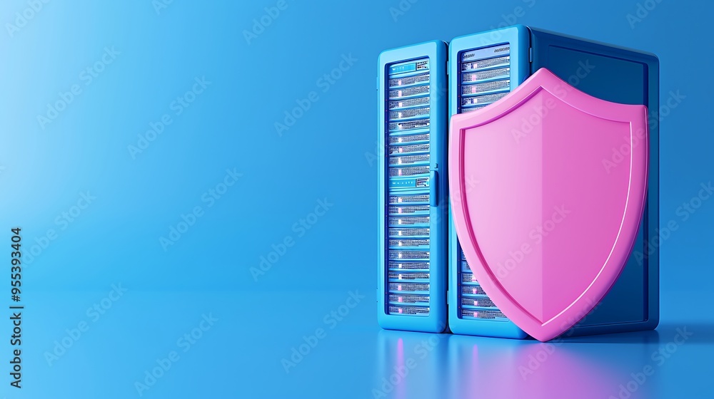 Poster digital data security concept with a pink shield and server against blue gradient background