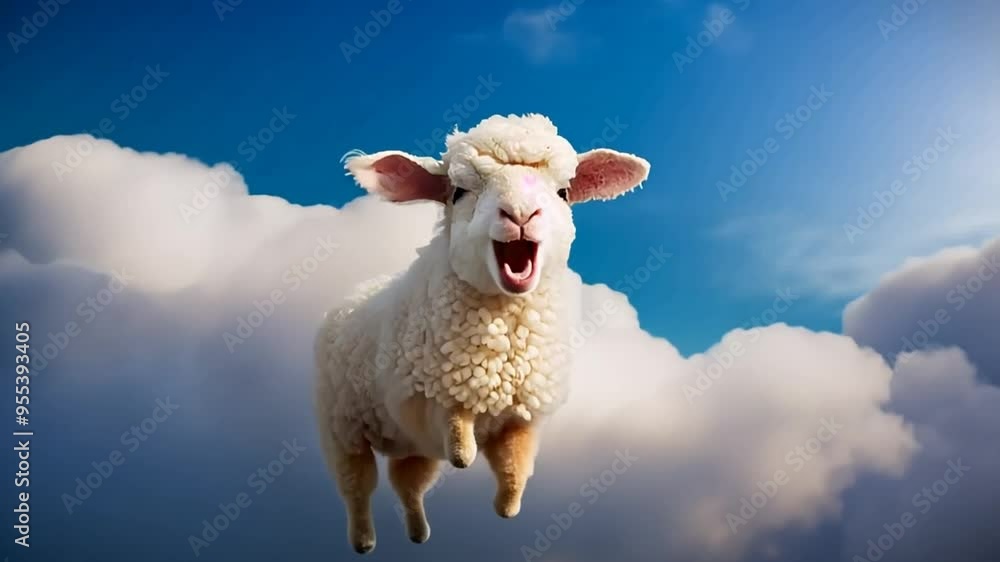 Poster fluffy sheep floating joyfully among soft clouds in blue sky generative ai