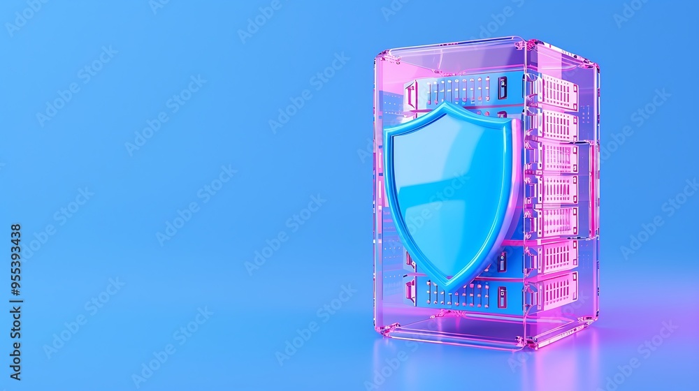 Poster digital data security concept with a shield protecting a server, symbolizing data protection and cyb