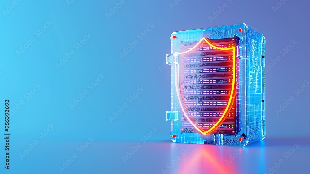Poster digital data server protected by glowing shield, symbolizing cybersecurity and data protection again