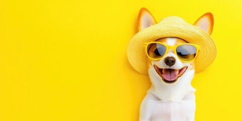 A cheerful dog wearing a sun hat and sunglasses poses against a vibrant yellow backdrop, ready for summer fun and adventures, copy space