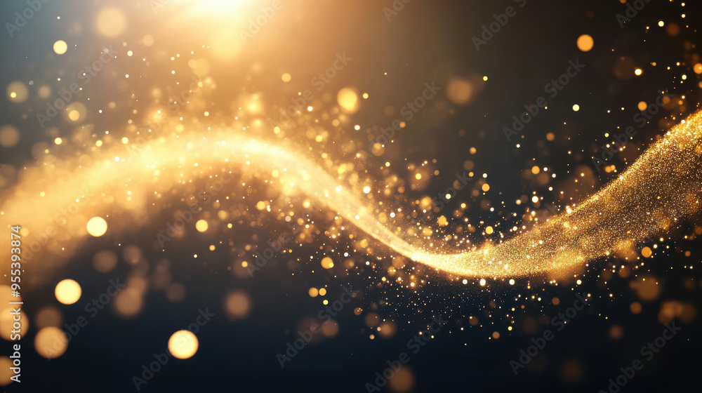 Poster shimmering golden particles swirl gracefully against a dark background, creating a magical and encha