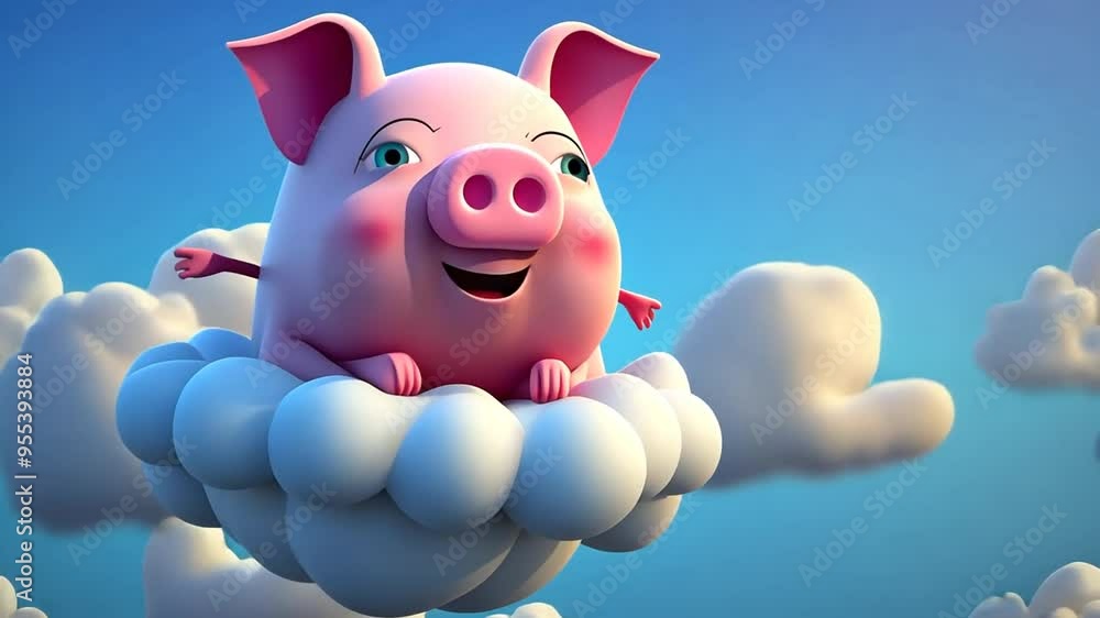 Poster dreamy pig floating happily on a soft cloud in a blue sky generative ai