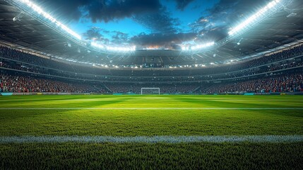 Vibrant Floodlit Soccer Stadium with a Packed Crowd Cheering on the Match