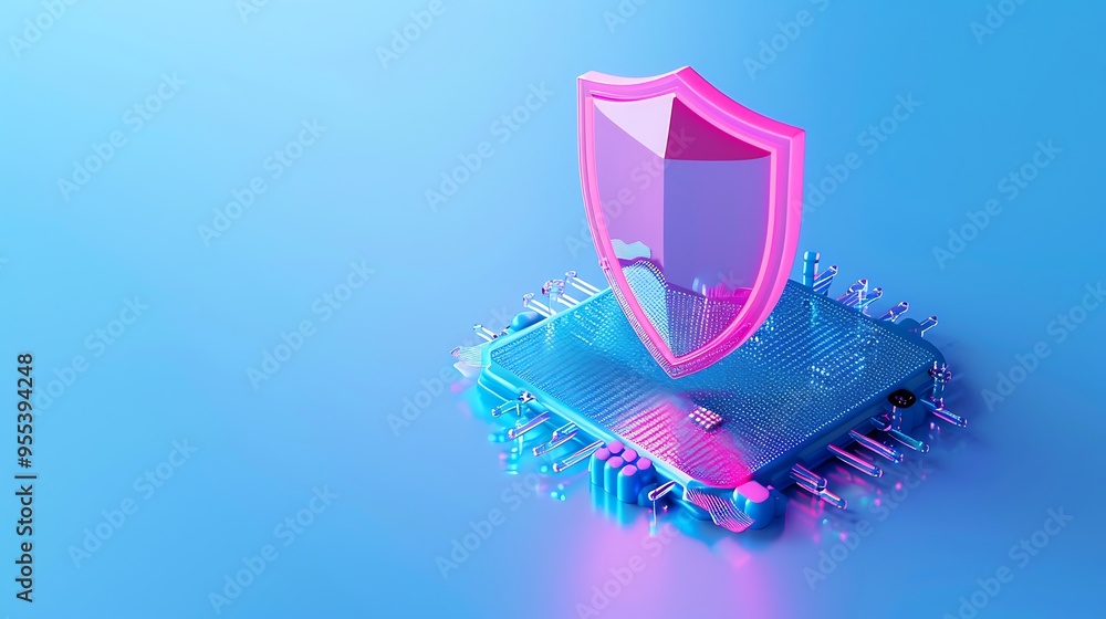 Poster digital illustration of a microchip with a protective shield, symbolizing cybersecurity, data protec