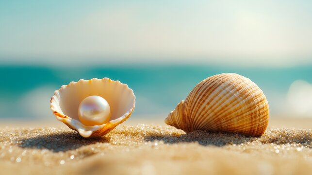 A seashell on a sandy beach with the ocean in the background. The shell is open, revealing a pearl inside. The other shell is closed, symbolizing the hidden beauty within. The image represents the bea