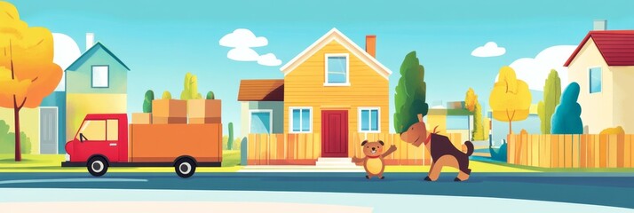 Obraz premium Cartoon animals joyfully helping with a housewarming move on a sunny day