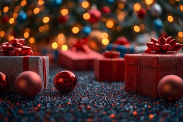 Close-up of beautifully wrapped Christmas gifts with red twine and festive decorations, nestled...