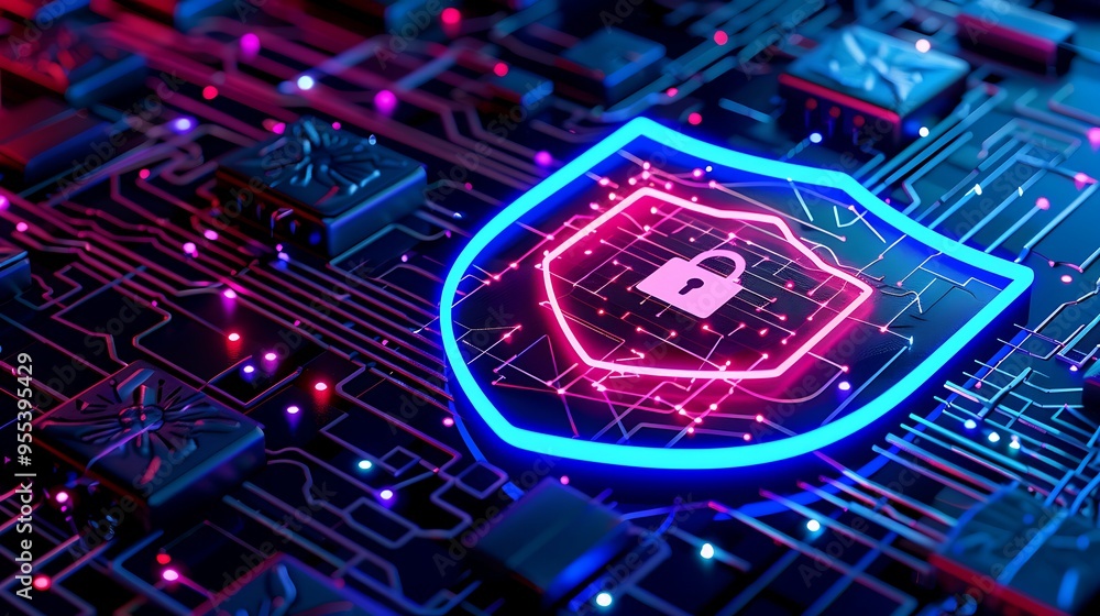 Poster digital security concept. glowing shield with lock icon on a circuit board, representing cybersecuri