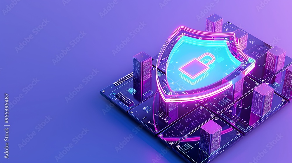 Poster digital security concept image featuring a glowing shield with a padlock icon on a circuit board, sy