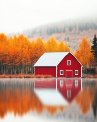 A serene red barn reflecting in calm waters, surrounded by vibrant autumn trees in a scenic rural landscape.