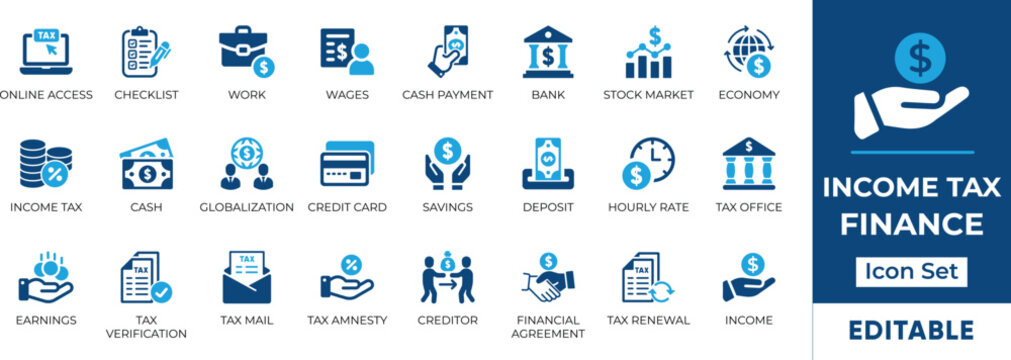 Income Tax and Finance Icon Set featuring essential financial elements like income tax, savings, investment, and more. Perfect for financial presentations, websites, and apps. Editable vector graphics