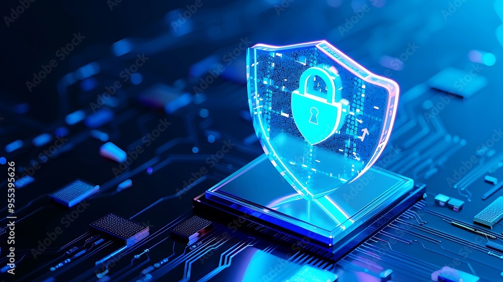 Poster digital security concept showcasing a shield and lock on a microchip, symbolizing protection in mode