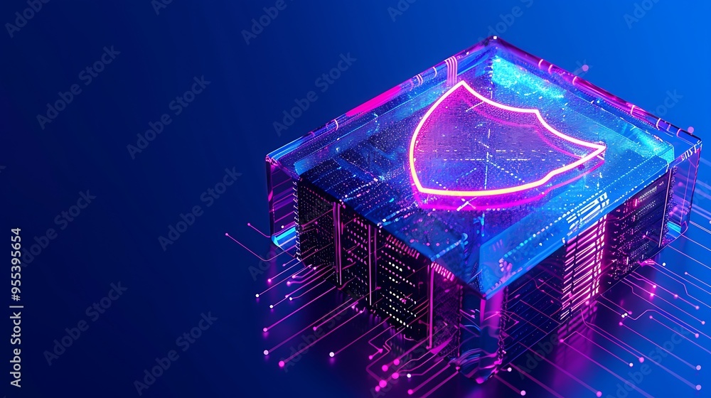 Poster digital security concept showcasing a neon shield over a server, symbolizing cybersecurity technolog