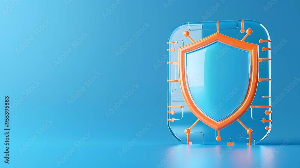 Poster digital security concept with a 3d shield icon on a blue background, symbolizing cybersecurity and d