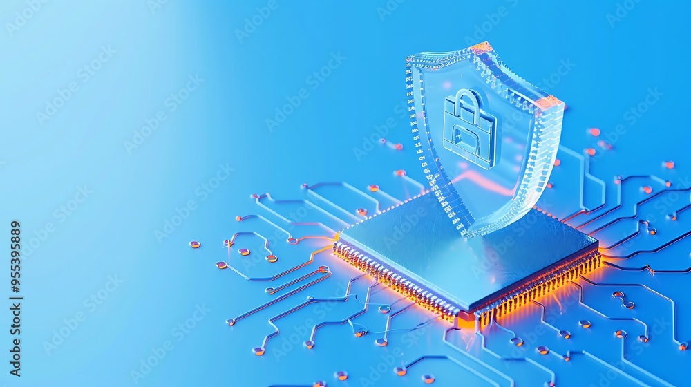 Poster digital security concept with a 3d shield on a microchip, representing cybersecurity and data protec