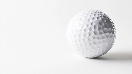 A golf ball rests isolated against a stark white background, inviting the viewer to contemplate its pristine surface and precise dimples, symbols of both precision and the pursuit of perfection